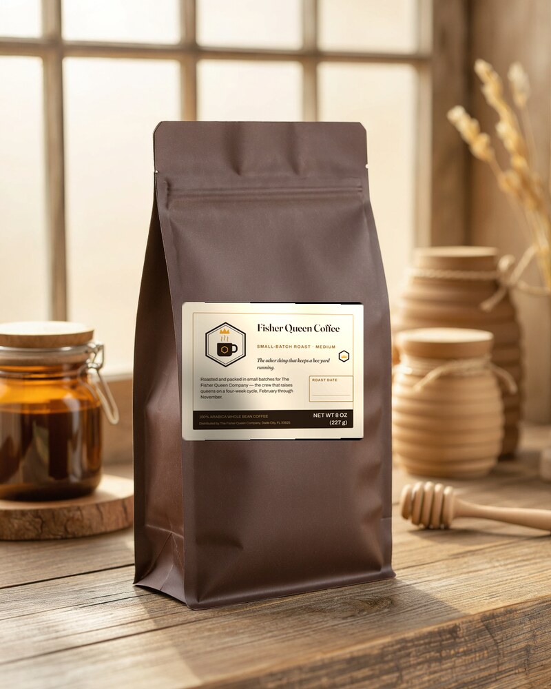 A Fisher Queen Coffee bag on a wooden table beside a honey jar in warm morning light